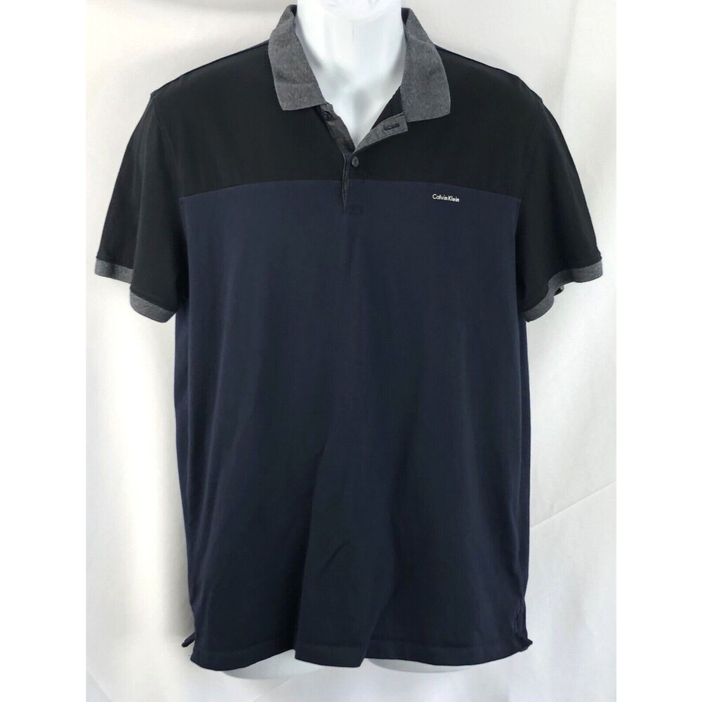 Calvin Klein polo shirt L Blk Blue colorblock 2 button shortsleeve liquid touch